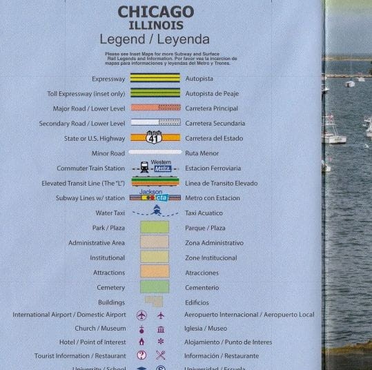 Chicago i Jezioro Michigan. Wodoodporna mapa samochodowo-turystyczna wydawnictwa ITMB.  Fragment legendy - Chicago