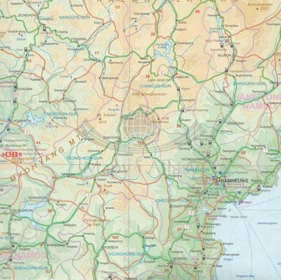 Korea Północna i Południowa. Wodoodporna mapa samochodowo-turystyczna wydawnictwa ITMB. Fragment