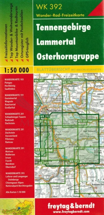 Południowo-wschodnie okolice Salzburga. Mapa turystyczna WK 392 wydawnictwa Freytag & Berndt. Przewodnik okładka tył