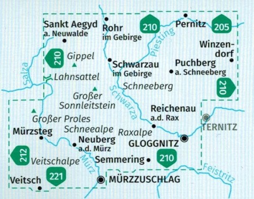 Wiener Hausberge, Schneeberg, Rax. Zestaw dwóch map turystycznych 228 wydawnictwa Kompass. Zasięg zestawu