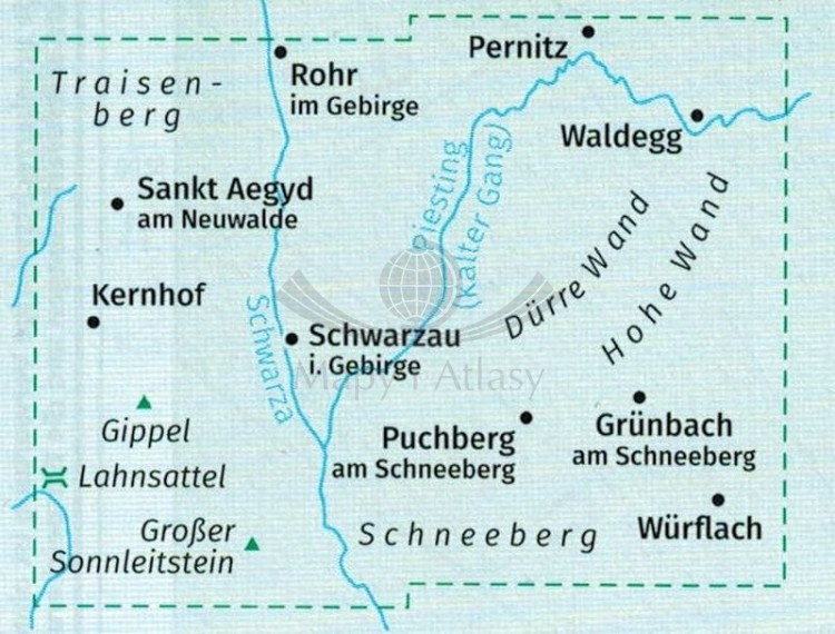 Wiener Hausberge, Schneeberg, Rax. Zestaw dwóch map turystycznych 228 wydawnictwa Kompass. Mapa 1 - zasięg