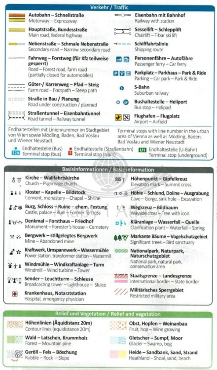 Wiener Hausberge, Schneeberg, Rax. Zestaw dwóch map turystycznych 228 wydawnictwa Kompass. Legenda 1