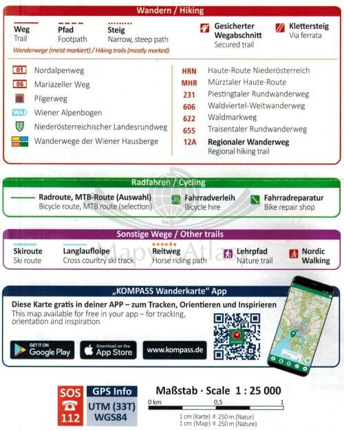 Wiener Hausberge, Schneeberg, Rax. Zestaw dwóch map turystycznych 228 wydawnictwa Kompass. Legenda 3