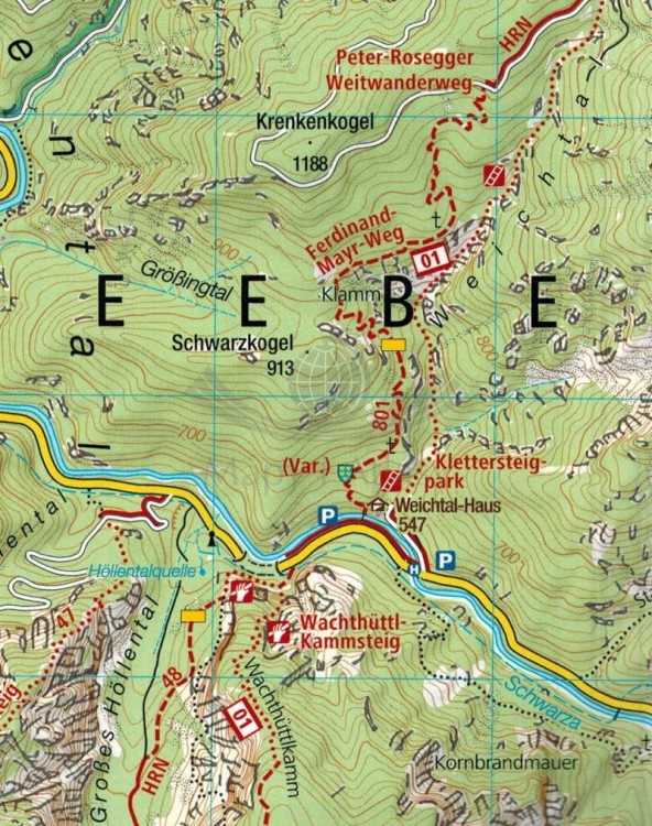 Wiener Hausberge, Schneeberg, Rax. Zestaw dwóch map turystycznych 228 wydawnictwa Kompass. Mapa 1 - fragment 2