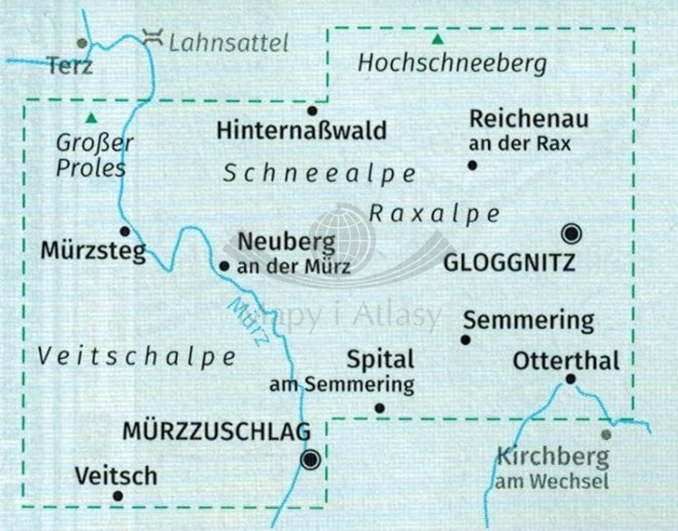 Wiener Hausberge, Schneeberg, Rax. Zestaw dwóch map turystycznych 228 wydawnictwa Kompass. Mapa 2 - zasięg