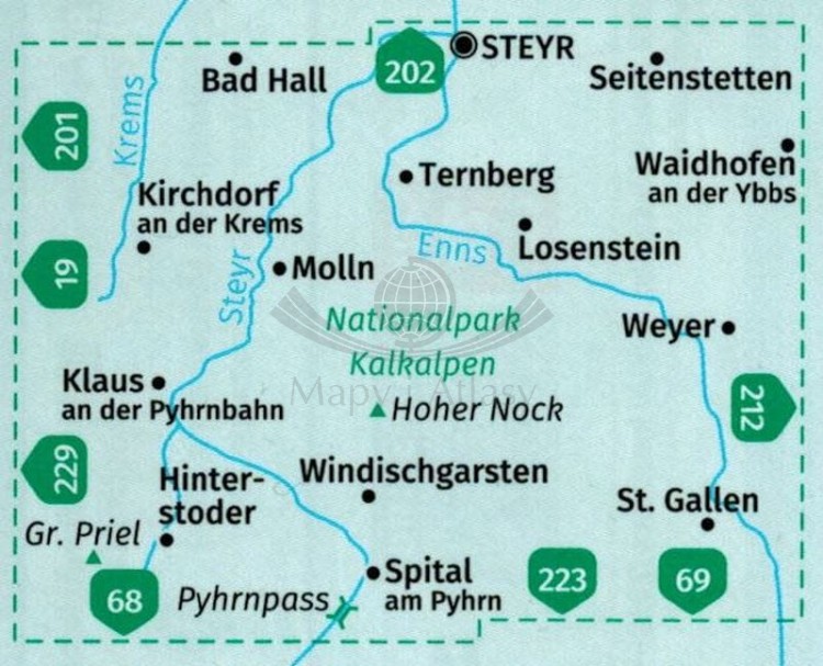 Nationalpark Kalkalpen. Laminowana mapa turystyczna 70 wydawnictwa Kompass. Zasięg
