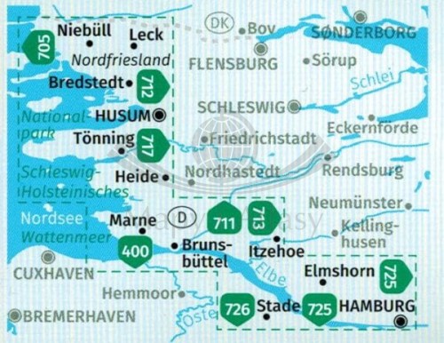 Nordseekuste. Zestaw dwóch map turystycznych 723 wydawnictwa Kompass. Zasięg zestawu