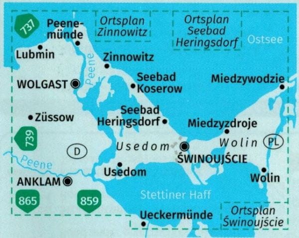 Uznam i Wolin. Wodoodporna mapa turystyczna 738. wydawnictwa Kompass. Zasięg