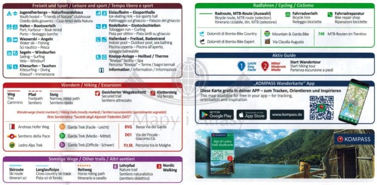 Alto Garda, Ledro, Valle del Sarca. Wodoodporna mapa turystyczna 096 wydawnictwa Kompass. Legenda 3