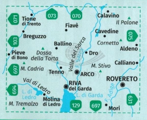 Alto Garda, Ledro, Valle del Sarca. Wodoodporna mapa turystyczna 096 wydawnictwa Kompass. Zasięg