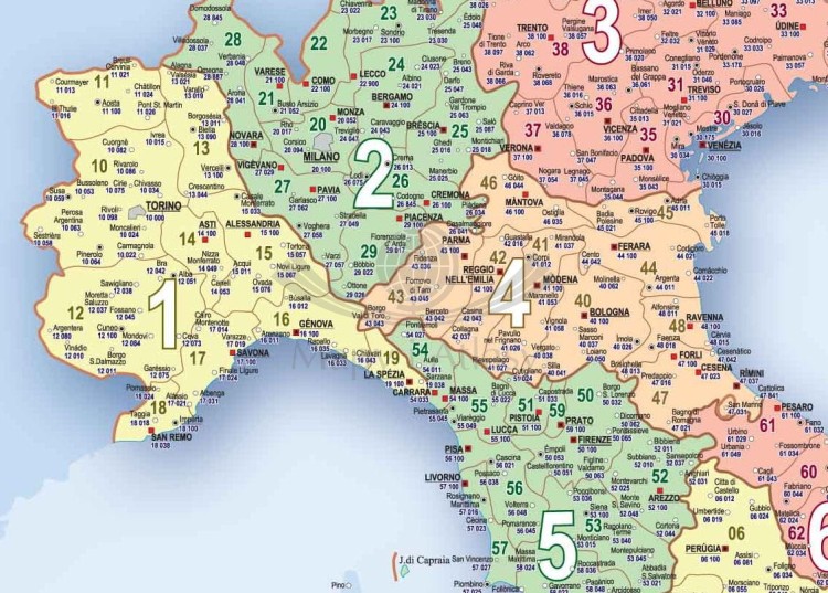 Włochy 1:1 500 000. Mapa ścienna z kodami pocztowymi. Fragment 1