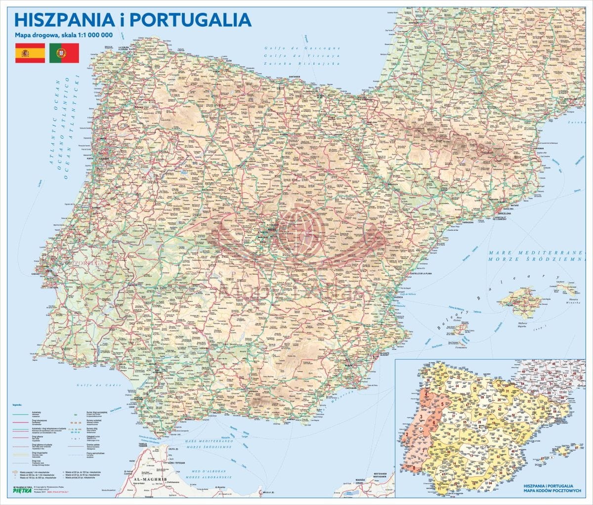 Hiszpania i Portugalia 1:1 000 000. Kody pocztowe. Mapa ścienna drogowa i kodowa. Wersja STRONG