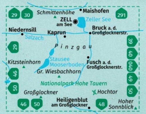 Zell am See, Kaprun. Laminowana mapa turystyczna 030 wydawnictwa Kompass. Zasięg