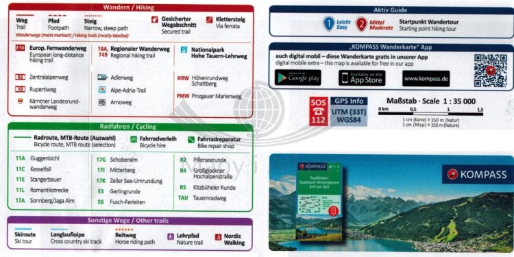 Zell am See, Kaprun. Laminowana mapa turystyczna 030 wydawnictwa Kompass. Legenda 3