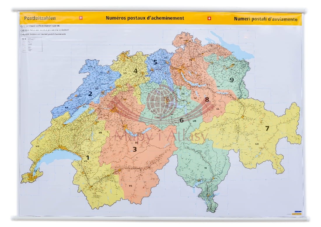 Szwajcaria 1:260 000. Mapa ścienna. Kody pocztowe