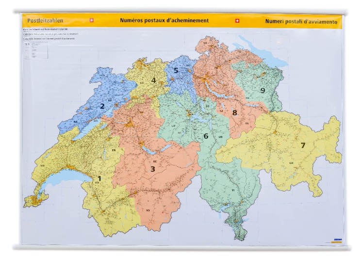 Szwajcaria 1:260 000. Mapa ścienna z kodami pocztowymi. Całość