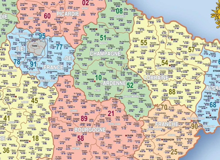 Francja 1:1 300 000. Mapa ścienna z kodami pocztowymi. Fragment 2