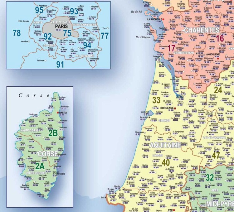 Francja 1:1 300 000. Mapa ścienna z kodami pocztowymi. Fragment 4 + mapa Korsyki i Paryża
