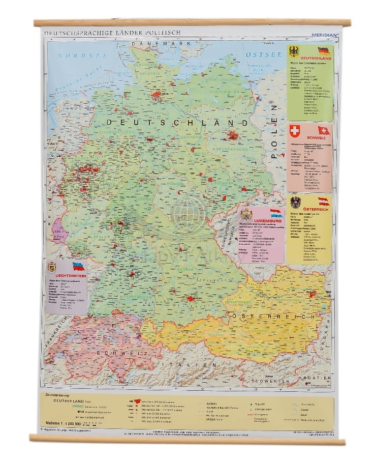 Kraje niemieckojęzyczne  1:1 200 000. Niemcy, Austria, Szwajcaria. Mapa ścienna polityczna w języku niemieckim