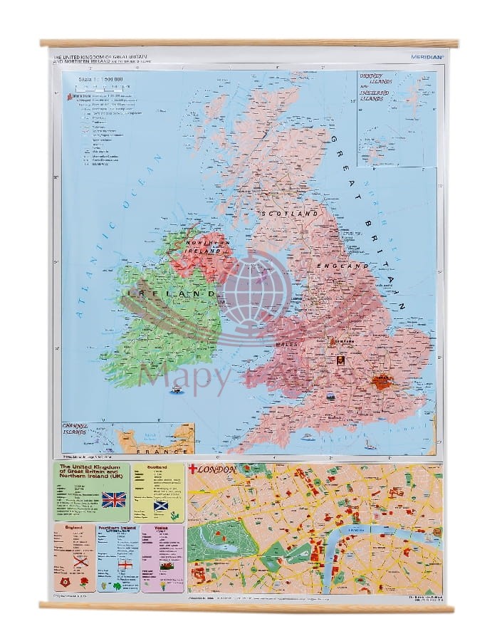 Wyspy Brytyjskie / The British Isles political. Wielka Brytania. Mapa ścienna polityczna  w języku angielskim. Drewniane półwałki