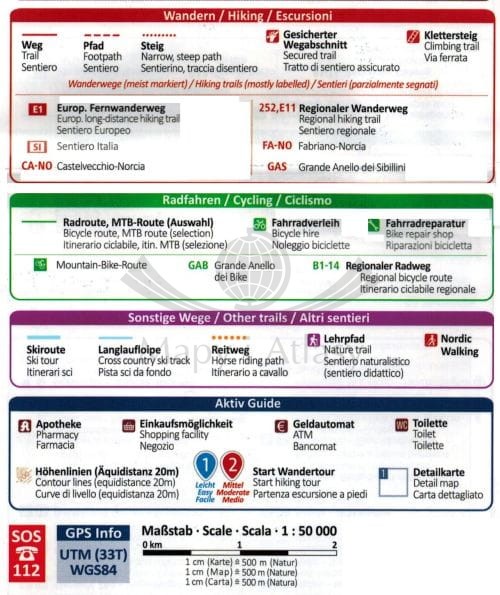Park Narodowy Gran Sasso i Monti della Laga. Laminowana mapa turystyczna 2476 wydawnictwa Kompass. Legenda 3