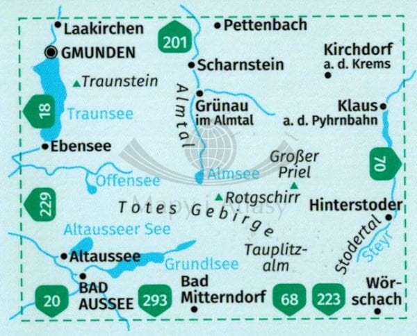 Totes Gebirge. Almtal, Stodertal. Wodoodporna mapa turystyczna 19 wydawnictwa Kompass. Zasięg