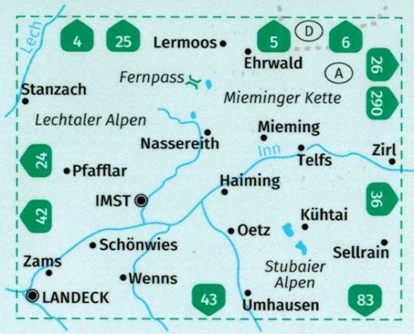 Imst, Telfs, Kuhtain, Meminger Kette. Wodoodporna mapa turystyczna 35 wydawnictwa Kompass. Zasięg