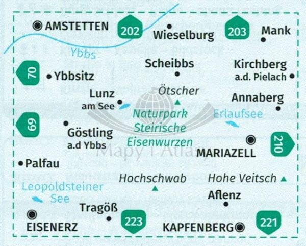 Hochschwab. Mariazell, Eisenwurzen. Mapa turystyczna 212 wydawnictwa Kompass. Zasięg