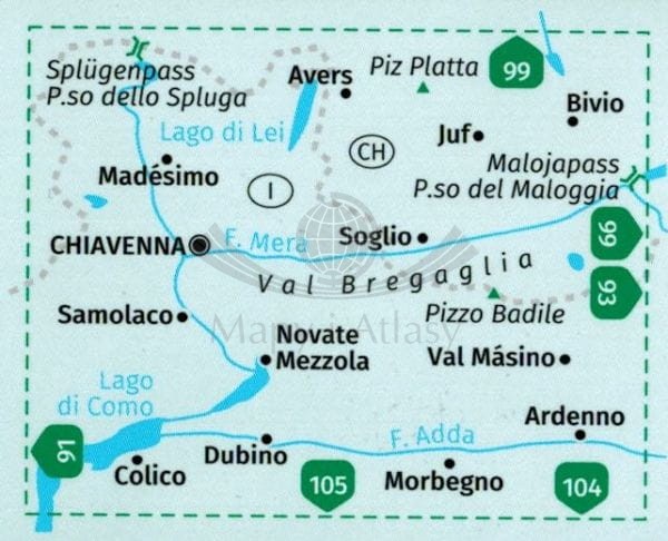 Dolina Bregaglia i Valchiavenna. Laminowana mapa turystyczna 92 wydawnictwa Kompass. Zasięg