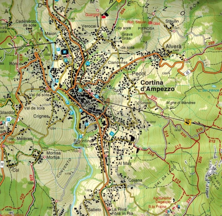 Cortina d'Ampezzo e Dolomiti Ampezzane. Mapa turystyczna 03 wydawnictwa Tabacco. Fragment 1