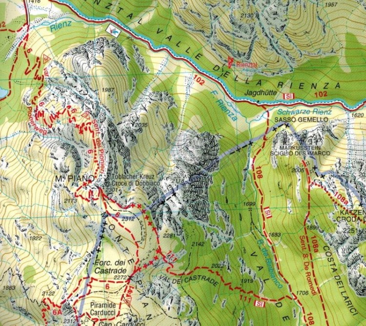 Cortina d'Ampezzo e Dolomiti Ampezzane. Mapa turystyczna 03 wydawnictwa Tabacco. Fragment  2