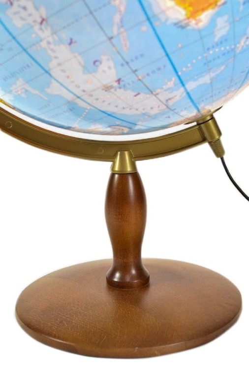 Globus fizyczny 42 cm. Drewniana podstawka. Producent: Zachem. Podstawa