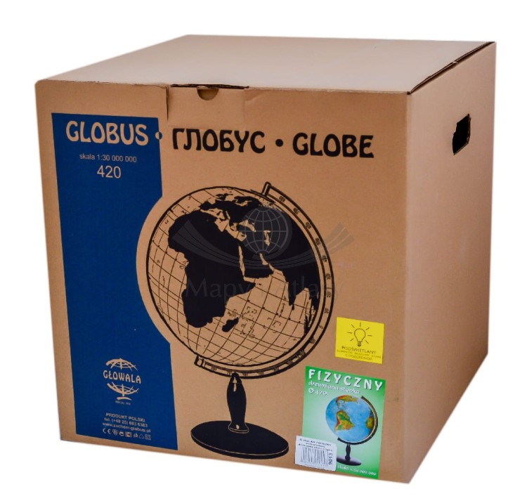 Globus fizyczny 42 cm. Drewniana podstawka. Producent: Zachem. Opakowanie
