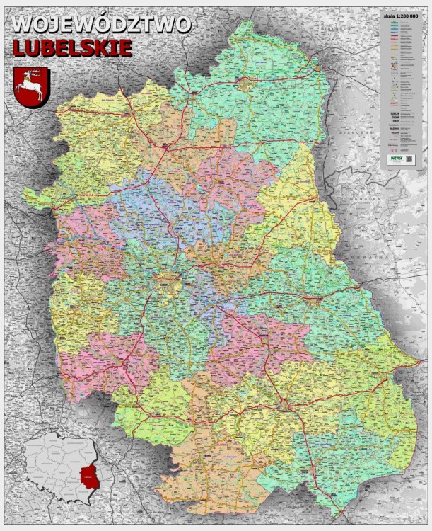 Województwo lubelskie 1:200 000. Mapa ścienna administracyjno-drogowa