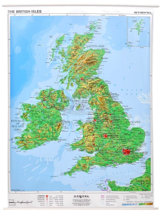 Wielka Brytania. Mapa ścienna fizyczna wydawnictwa Stiefel. Całość