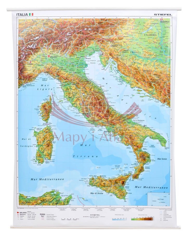 Włochy. Mapa ścienna fizyczna. Drewniane półwałki. Stiefel
