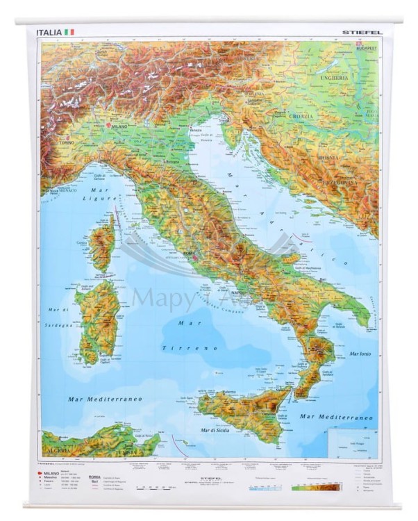 Włochy. Mapa ścienna fizyczna wydawnictwa Stiefel. Całość