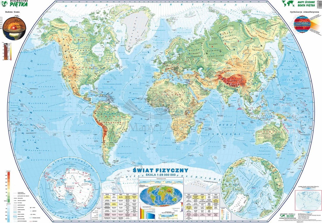 Świat 1:28 000 000. Naklejka, mapa ścienna fizyczna