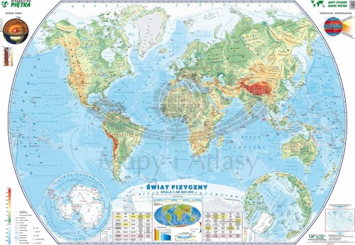 Fizyczna mapa ścienna w skali 1-28 000 000. W formie naklejki. Producent: Piętka. Całość