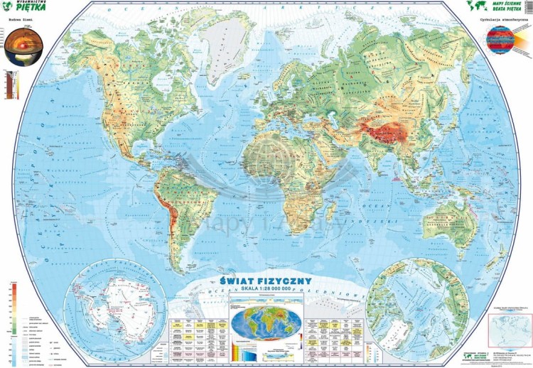 Fizyczna mapa ścienna w skali 1-28 000 000. W formie naklejki. Producent: Piętka. Całość