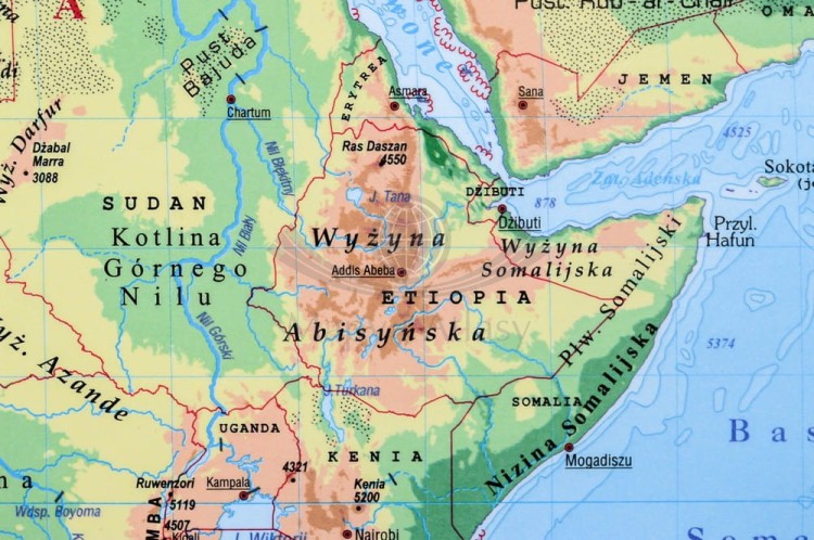 Fizyczna mapa ścienna w skali 1-28 000 000. W formie naklejki. Producent: Piętka. Fragment 6