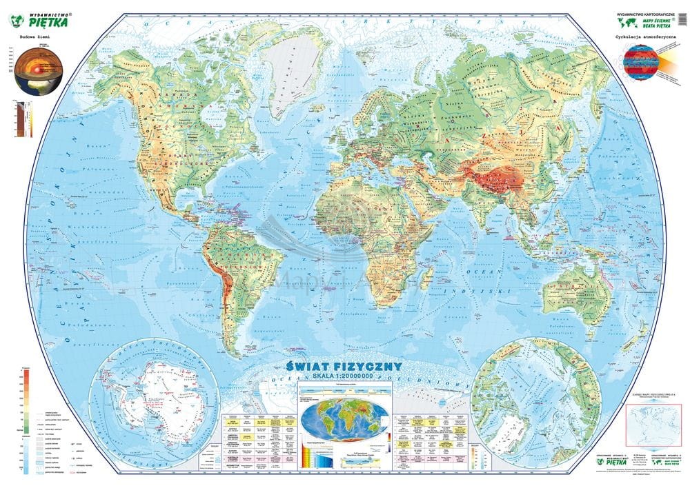 Świat 1:20 000 000. Naklejka, mapa ścienna fizyczna