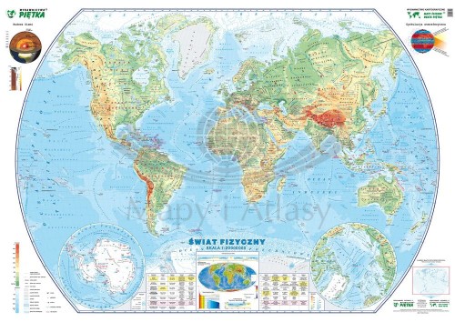 Świat 1:20 000 000. Naklejka, mapa ścienna fizyczna. Producent: Pięta. Cała mapa