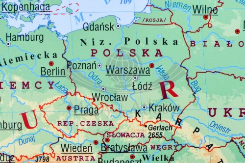 Świat 1:20 000 000. Naklejka, mapa ścienna fizyczna. Producent: Pięta. Fragment 1