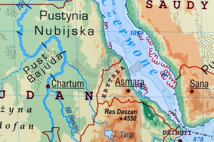 Świat 1:20 000 000. Naklejka, mapa ścienna fizyczna. Producent: Pięta. Fragment 2