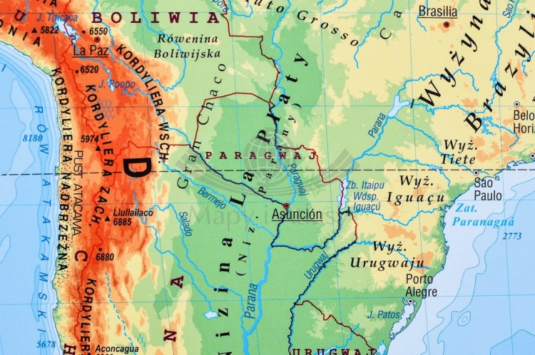 Świat 1:20 000 000. Naklejka, mapa ścienna fizyczna. Producent: Pięta. Fragment 8