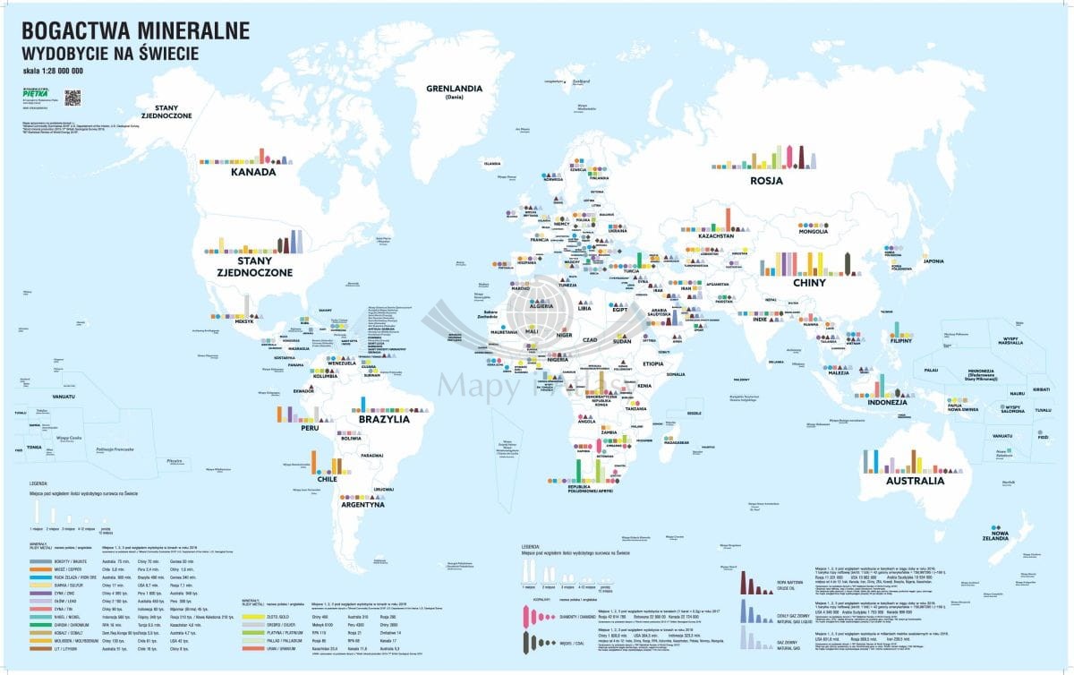 Świat. Bogactwa mineralne i wydobycie na świecie. Naklejka, mapa ścienna