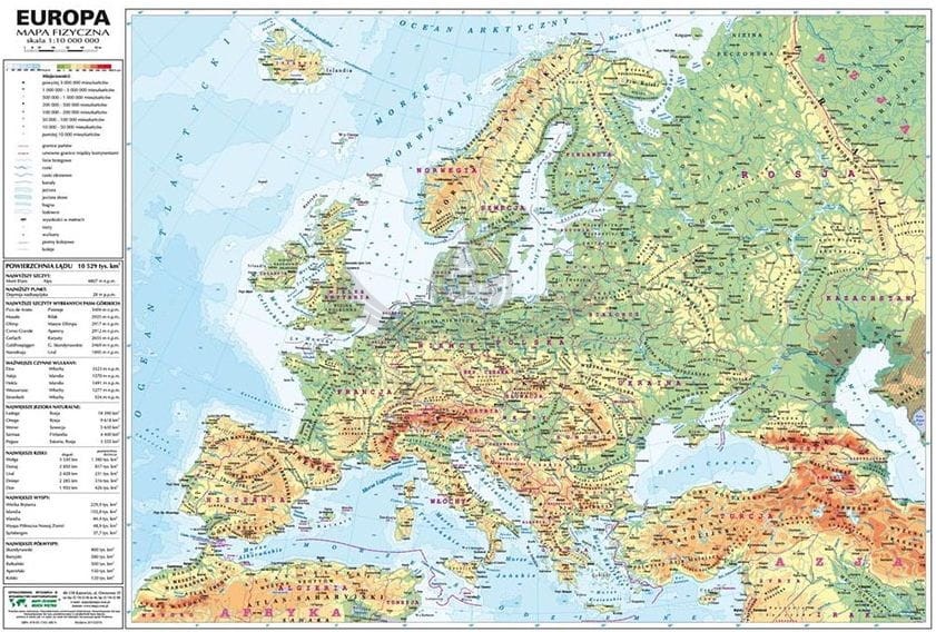 Europa. Naklejka, mapa ścienna fizyczna MIDI