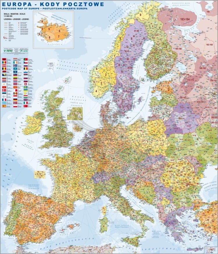 Europa 1:3 600 000. Naklejka, mapa ścienna. Kody pocztowe