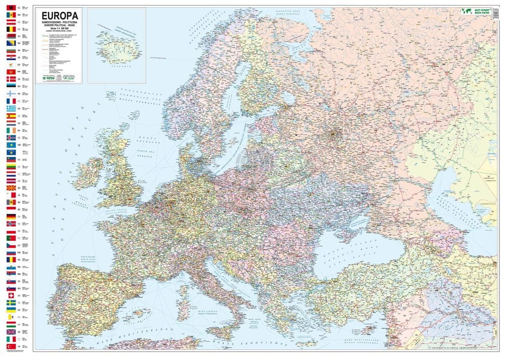 Europa 1:4 300 000. Naklejka, mapa ścienna polityczno-drogowa